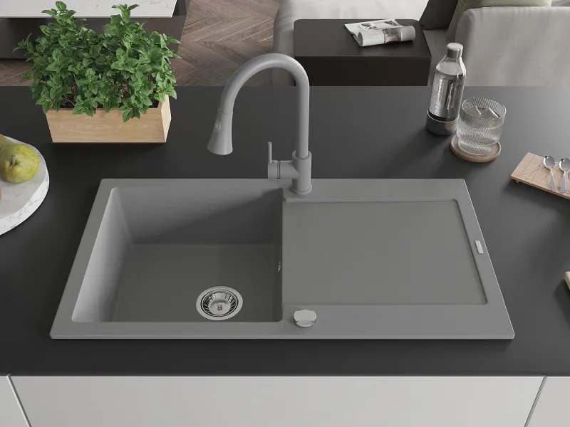 Mexen Leo, 1-komorový granitový drez 900x500x190 mm a drezová batéria Elia, šedá, 6501-71-670101-71