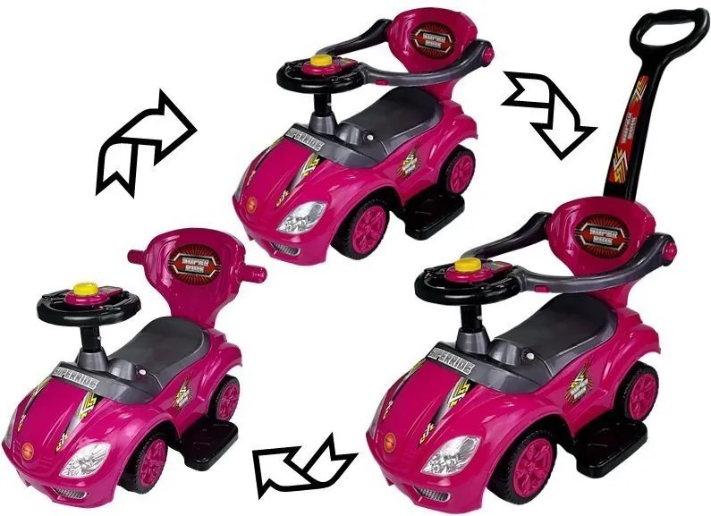LEAN CARS Detské odrážadlo s vodiacou tyčou Mega Car 3v1, ružové