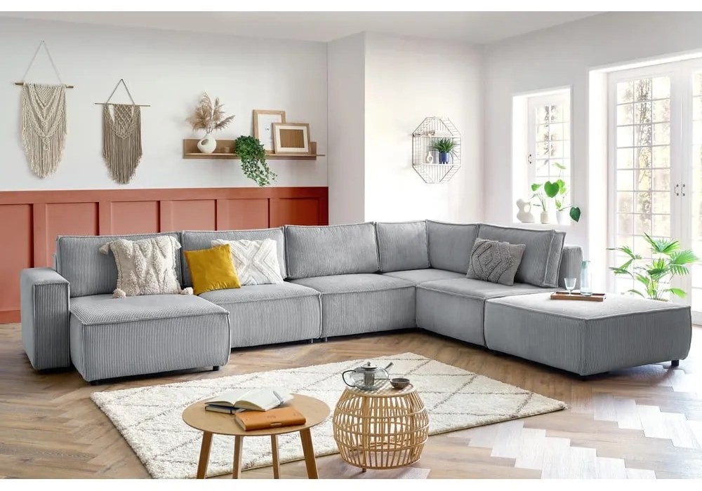 Svetlosivá menčestrová rohová pohovka (pravý roh/do tvaru "U") Nihad modular – Bobochic Paris