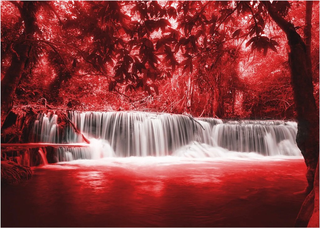 Sklenený obraz - Červený, vodopád (70x50 cm)