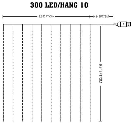 LED RGB Stmievateľný vianočný záves WIZARD 300xLED/USB 3x3m + diaľkové ovládanie