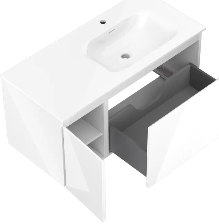 Mexen Orio, kúpeľňová skrinka 100 cm s pravým umývadlom Vela, 1S, 1D, biela lesklá, 91A13-10047-3-BBFF00-W23P00