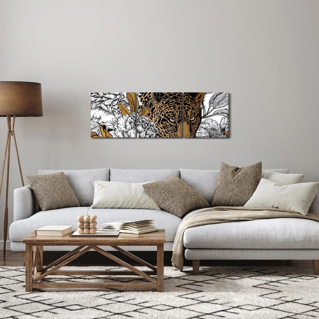 Obraz - Leopard medzi kvetmi (s hodinami) (90x30 cm)