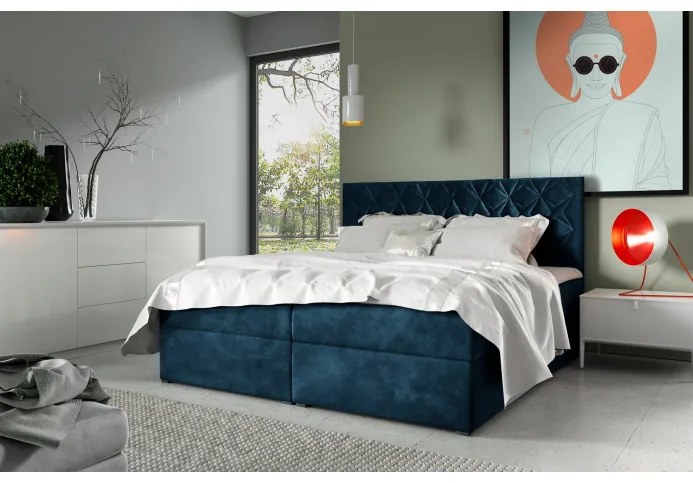 Boxspringová posteľ s prešívaným čelom EUGENA - 120x200, modrá + topper ZDARMA