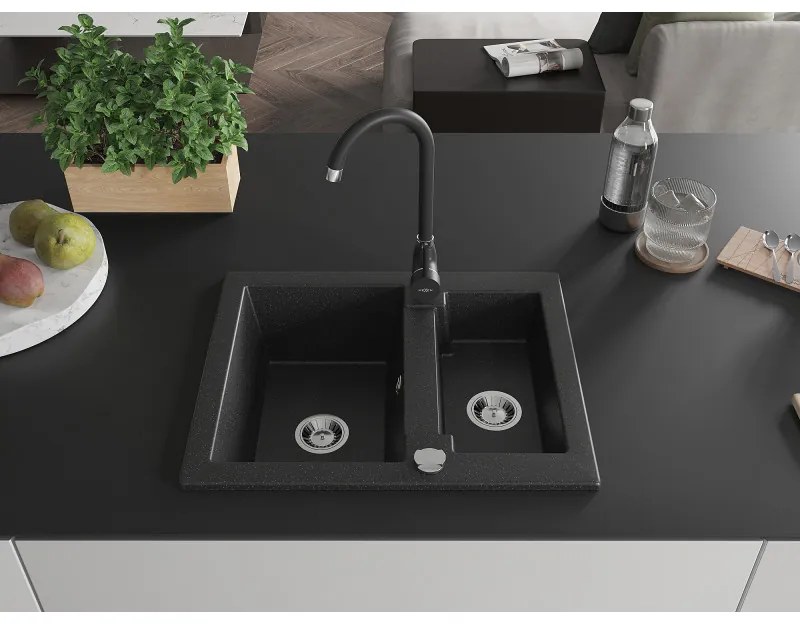 Mexen Carlos, granitový drez 582x475x177 mm, 1,5-komorový a čierna drezová batéria Telma, čierna - strieborná metalíza, 6518-73-670200-70