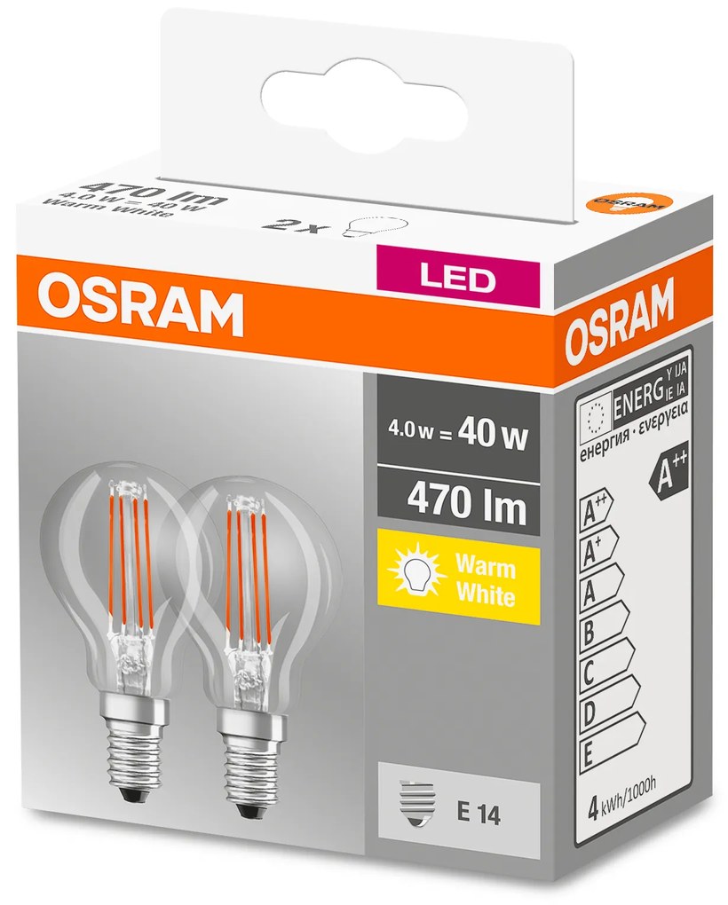 OSRAM Sada 2x LED žiarovka E14, P40, 4W, 470lm, 2700K, teplá biela