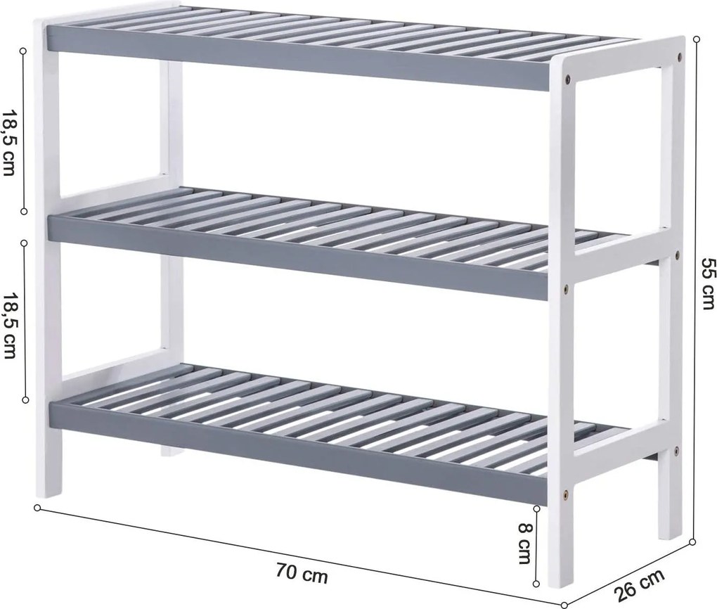 Bambusová polica, 3-úrovňová, biela a šedá