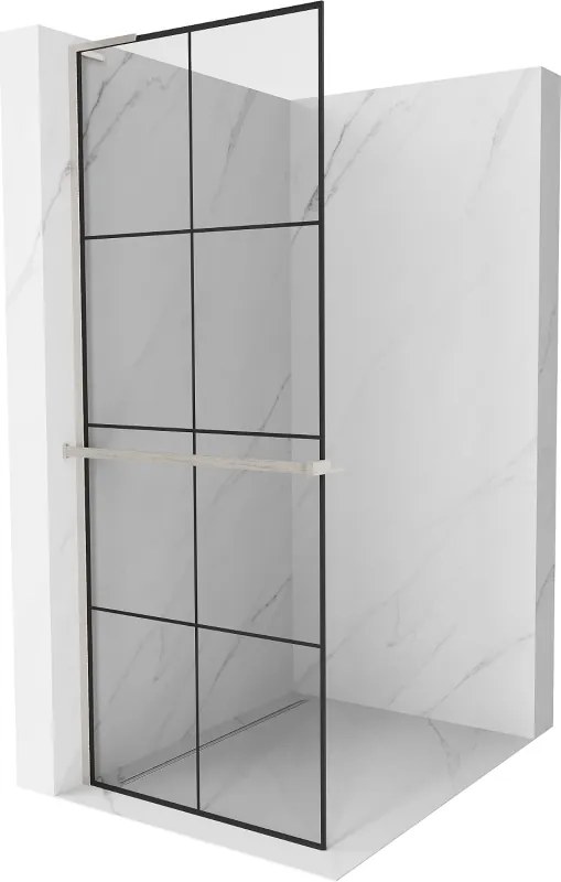 Mexen Kioto+ L, sprchová zástena Walk-In s poličkou a vešiakom 90 x 200 cm, 8mm číre sklo čierny vzor, brúsená oceľ profil, 800-090-123-97-77