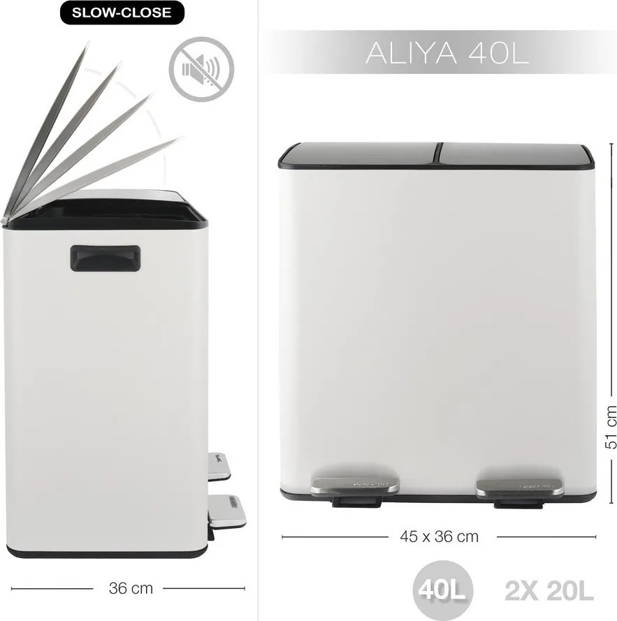 Matne biely oceľový odpadkový kôš 2x20 l na triedený odpad/nášľapný Aliya – Spirella