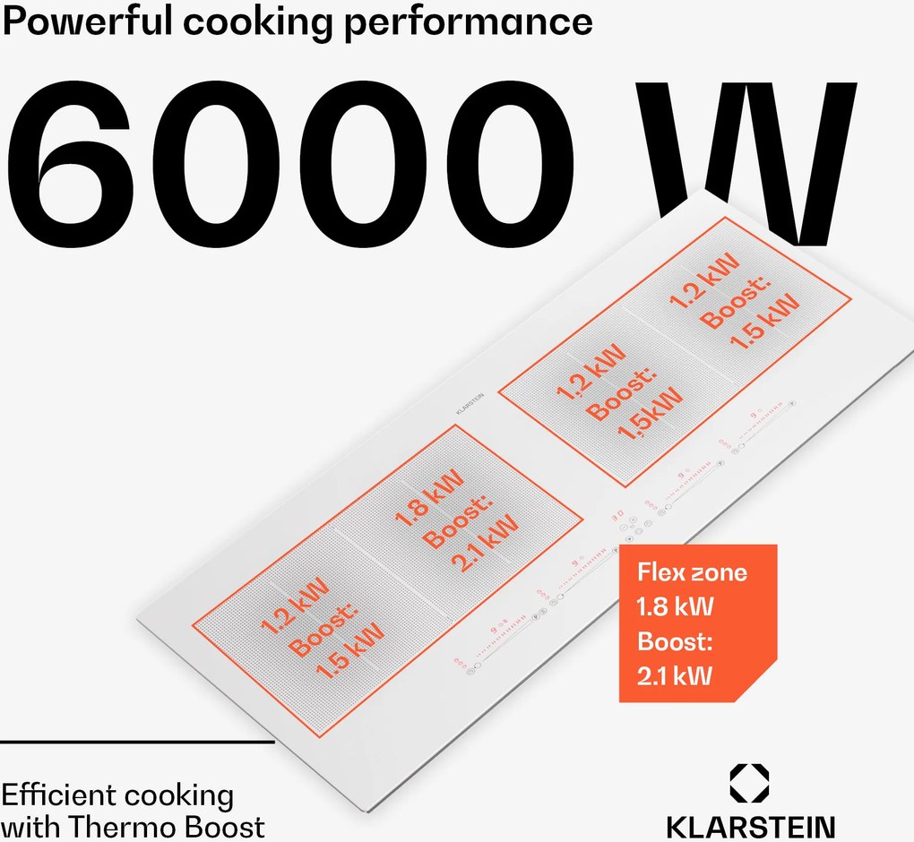 Klarstein Masterzone 90 Slim Flex, indukčná varná doska, max. 7200 W, vstavaná, 4 zóny, 2 Flex zóny, technológia ThermoBoost, Smart Flex