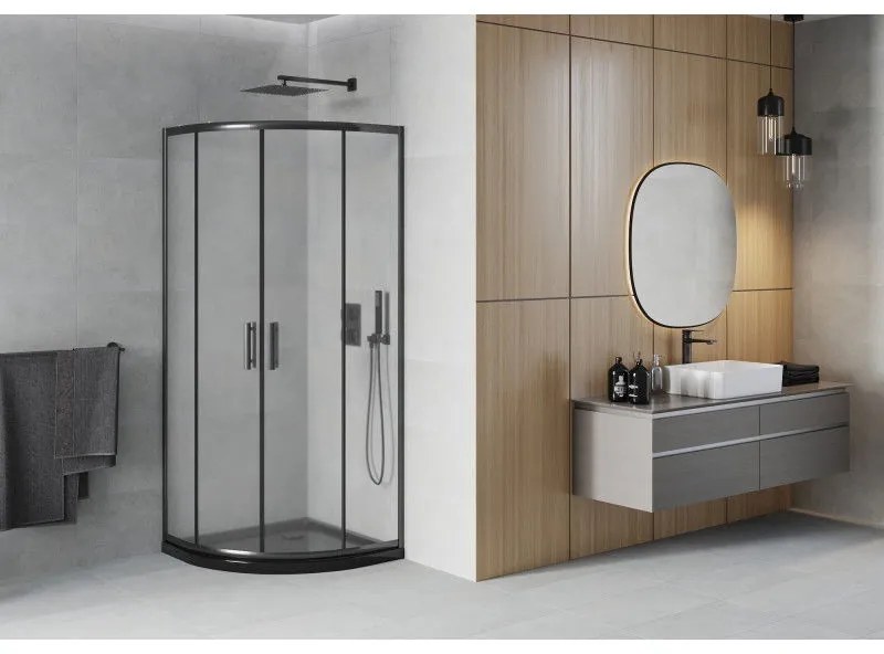 Mexen Rio, štvrťkruhový sprchovací kút s posuvnými dverami 80(dvere) x 80(dvere) x 190 cm, 6mm sklo námraza, čierny profil + čierna sprchová vanička SLIM, 863-080-080-70-30-4170B