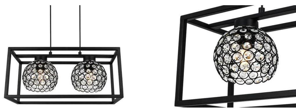 Závesné svietidlo CRYSTAL CAGE, 2x čierne krištáľové tienidlo v kovovom ráme