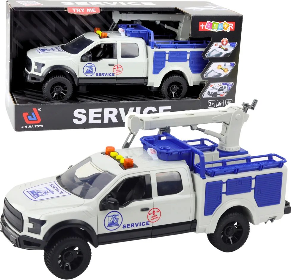 LEAN Toys Servisné auto s žeriavom, svetlá a zvuky, biele, 1:12