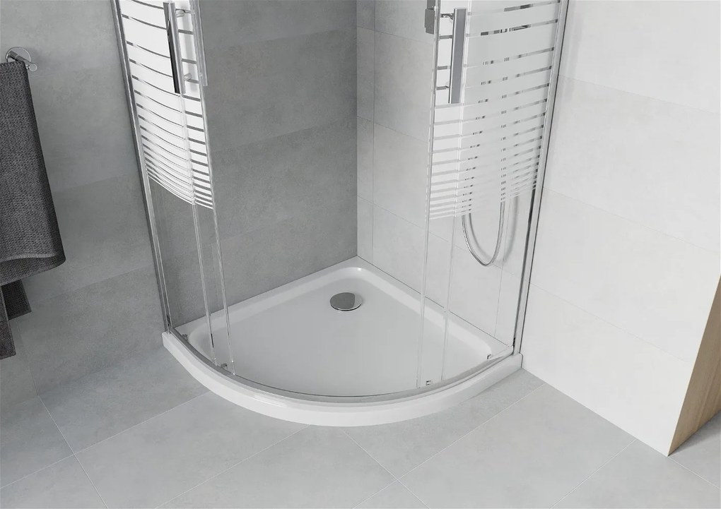 Mexen Rio, štvrťkruhový sprchovací kút s posuvnými dverami 70 x 70 cm, 6mm číre/pásy sklo, chrómový profil + biela sprchová vanička, 863-070-070-01-20-4110