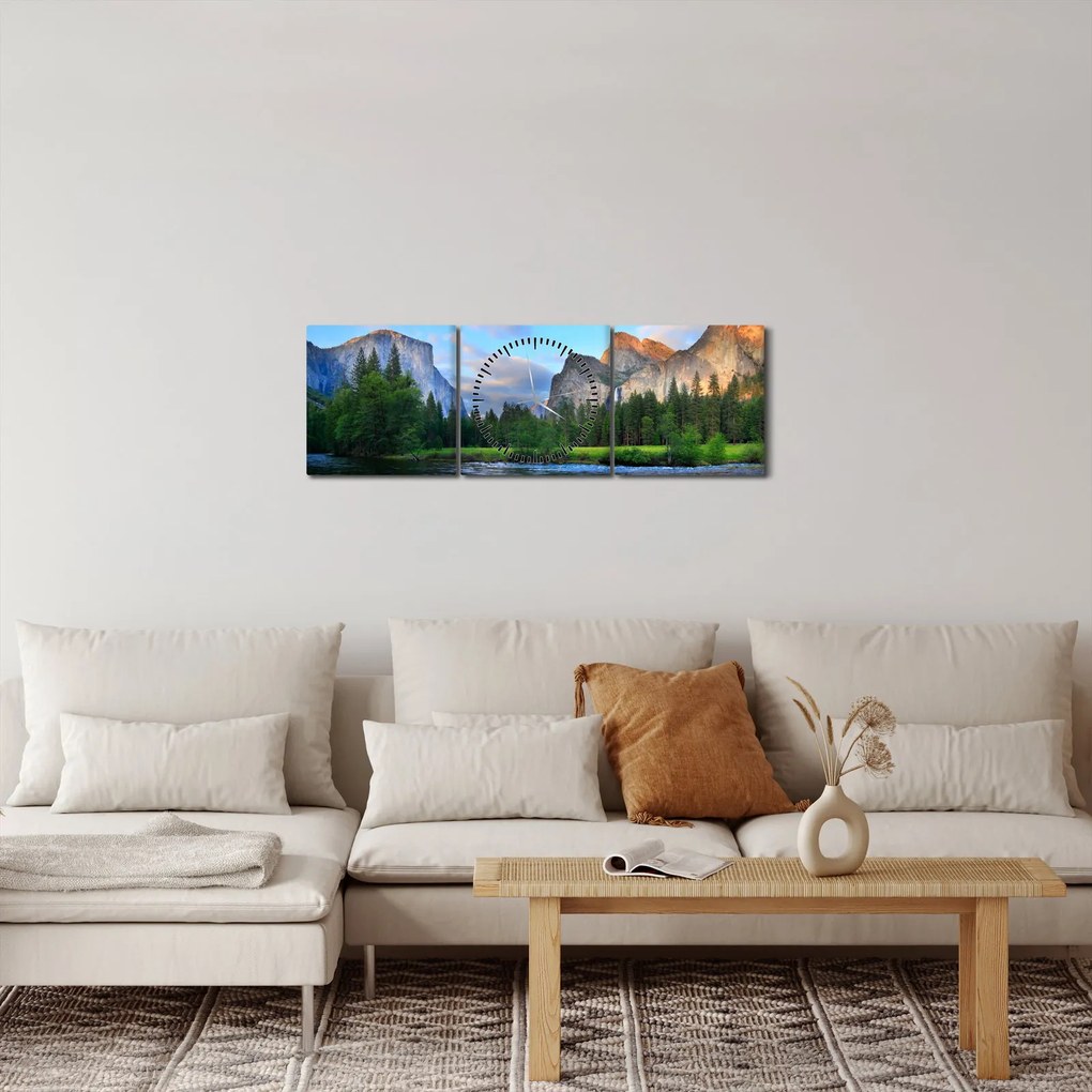 Obraz divokej horskej krajiny (s hodinami) (90x30 cm)