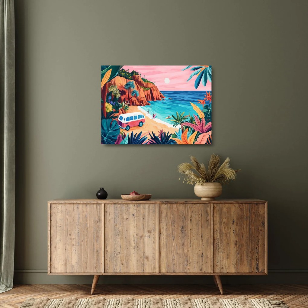 Sklenený obraz - Karavan pri oceáne (70x50 cm)