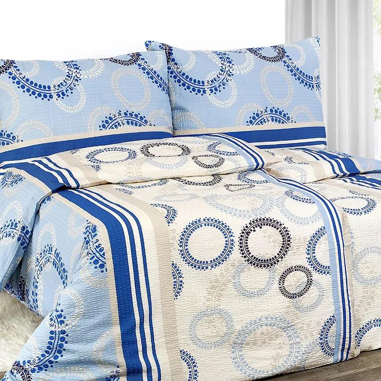 Goldea krepové posteľné obliečky - vzor 441 kruhy a prúžky na modro-béžovom 140 x 220 a 70 x 90 cm