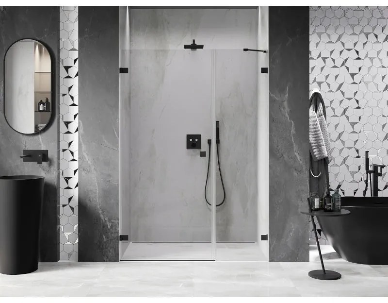 Mexen Lunar-B, ľavé otočné sprchové dvere 140 cm, číre sklo, čierny profil, 832S-140-050-70-00-L