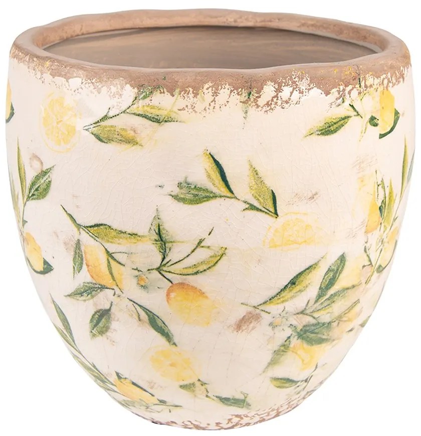 Béžový keramický obal na kvetináč s citrónmi Lemonio L - Ø19*19 cm