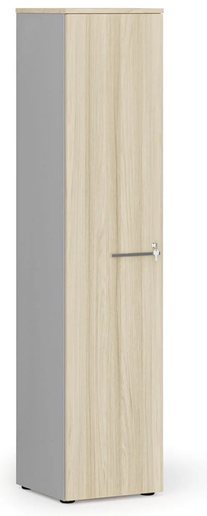 Úzka kancelárska skriňa PRIMO GRAY, 1781 x 400 x 420 mm, sivá/dub prírodný