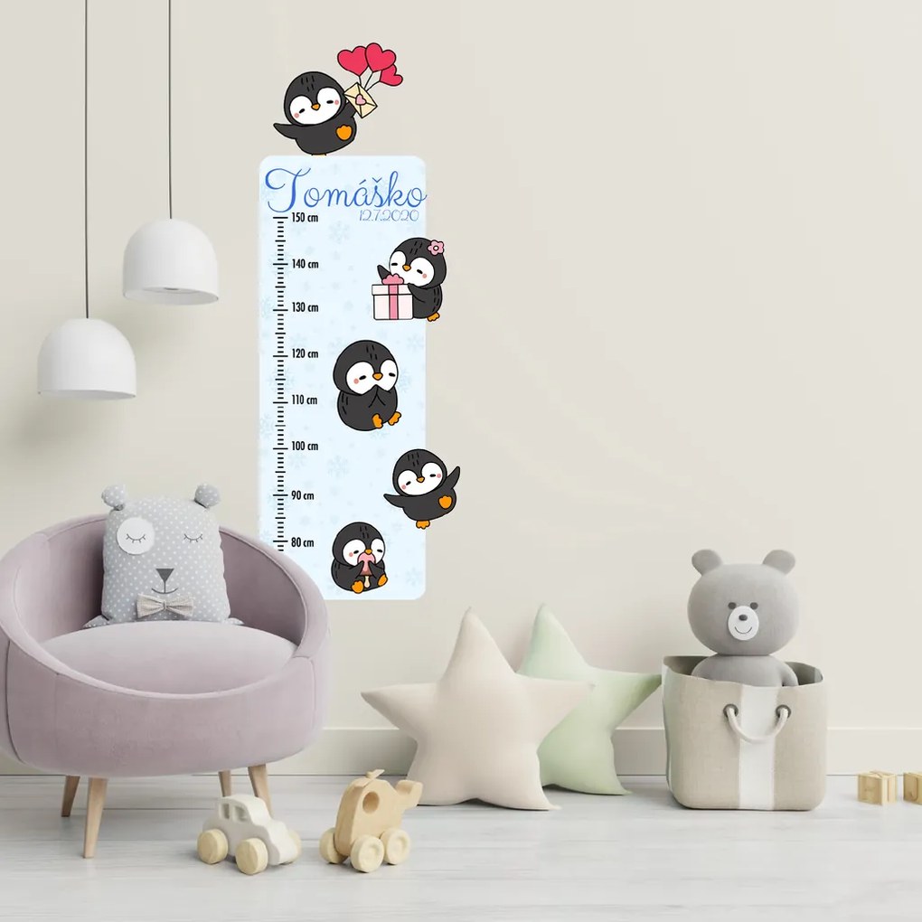 50x120cm Detský meter s menom - Tučniaky 2 - textilná nálepka na stenu