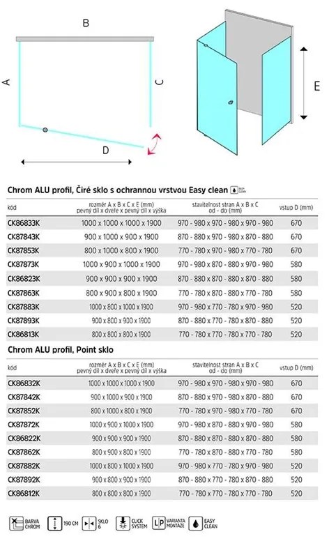 Mereo Mereo, Sprchový kút LIMA, štvorec,pivotové dvere, 2x bočná stena, chróm ALU, sklo Point 6mm, MER-CK86832K