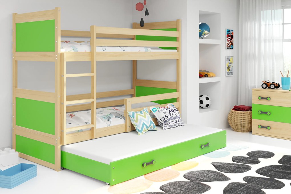 Interbeds Poschodová posteľ Rico 3 trojmiestna borovica 200cm x 90cm zelená