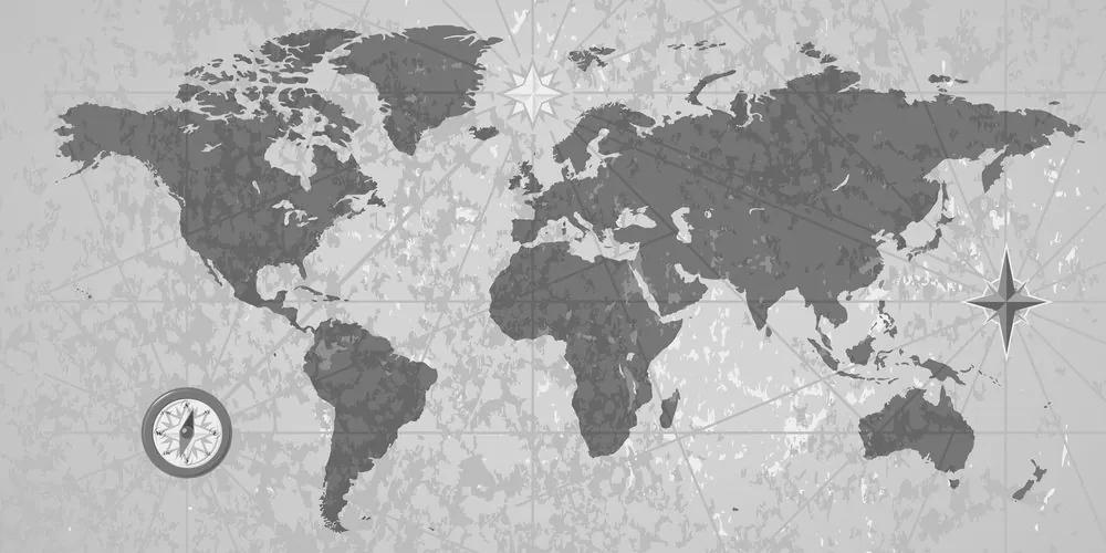 Obraz mapa sveta s kompasom v retro štýle v čiernobielom prevedení Varianta: 120x60