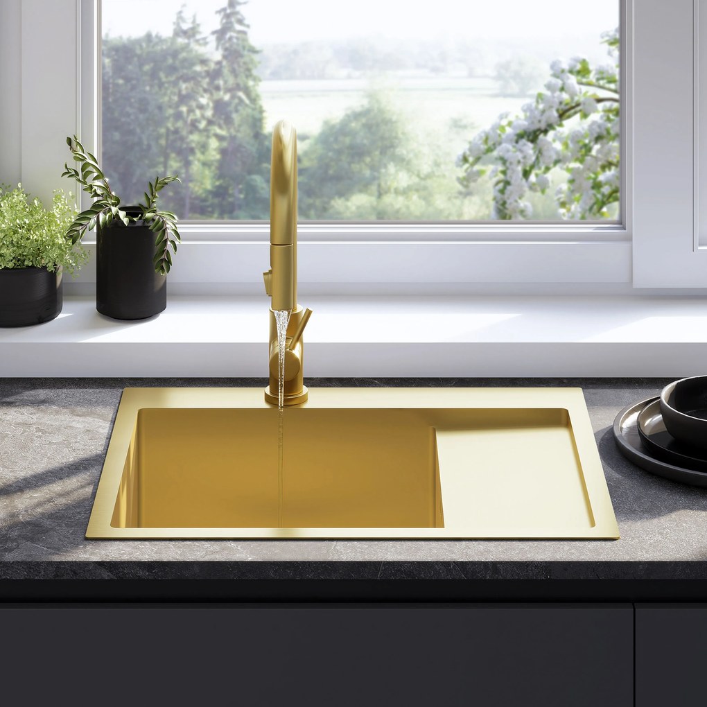 Rea Fin, 1-komorový oceľový drez 620x480x185 mm, zlatá matná, ZLE-06013