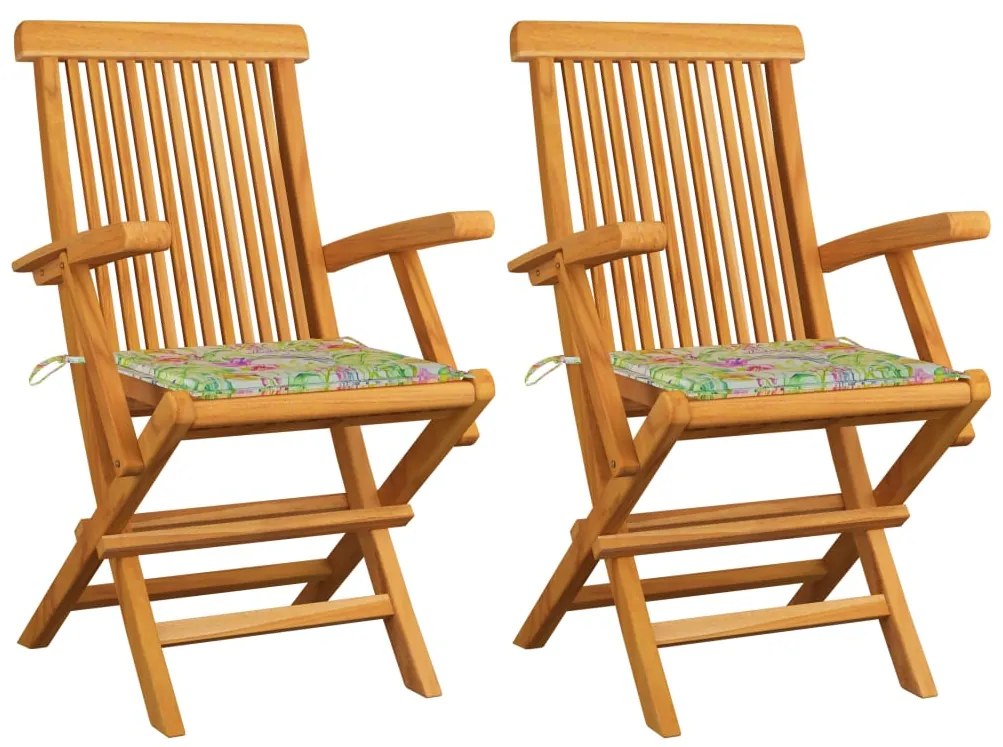 Záhradné stoličky+podložky, vzor s listami 2 ks, tíkový masív 3062499
