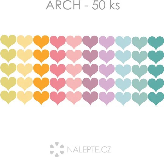 Pastelové srdiečka textilní prelepiteľné nálepky na stenu 50 ks 4x3,5 cm