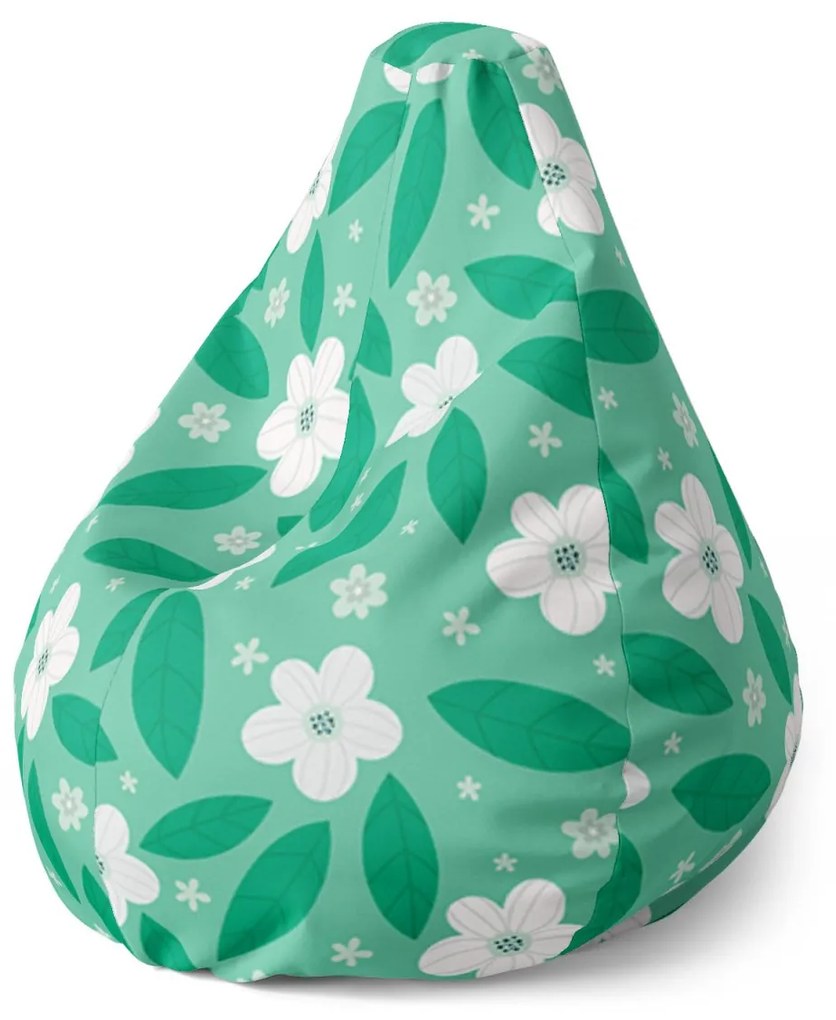 Sablio Sedací vak Pear Biele kvety s lístkami - 140 x 100 x 25 cm