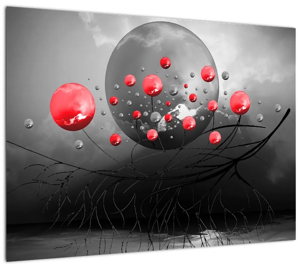 Sklenený obraz červených abstraktných gulí (70x50 cm)