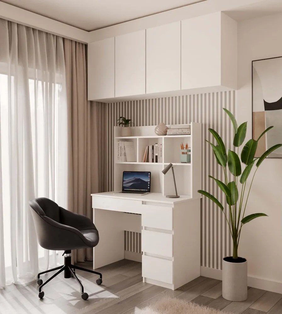 Písací stôl s nadstavbou MIJAS pravý matná biela