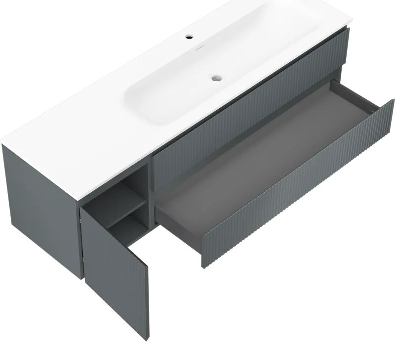 Mexen Rivel, kúpeľňová skrinka 160 cm s pravým umývadlom Vela, 2S, 1D, drážkovaná, grafitová/biela matná, 91A23-16047-3-BBFFF66-W23P01