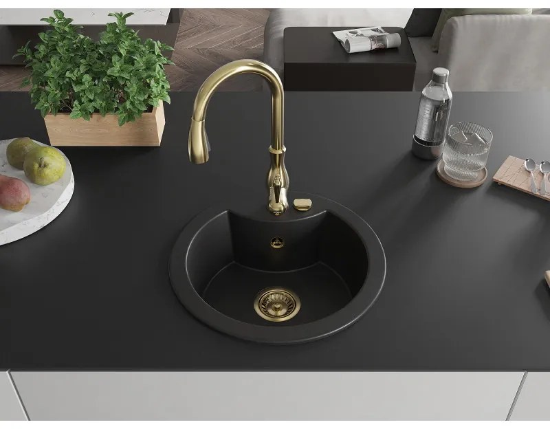 Mexen Diego, 1-komorový granitový drez 488x488x167 mm a drezová batéria Savita, čierna, 6512-77-672601-50