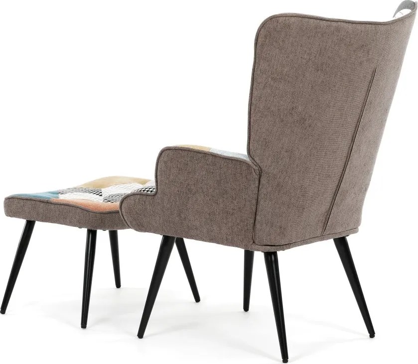 Relaxačné kreslo ušiak s taburetom ROYAL II — kov, vodeodolná látka, patchwork