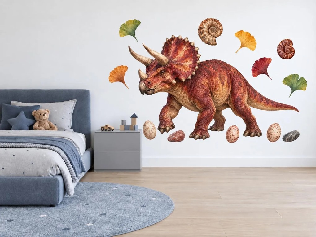Realistický červený triceratops realistické dinosaurie nálepky do chlapčenskej izby na stenu arch 46 x 34 cm