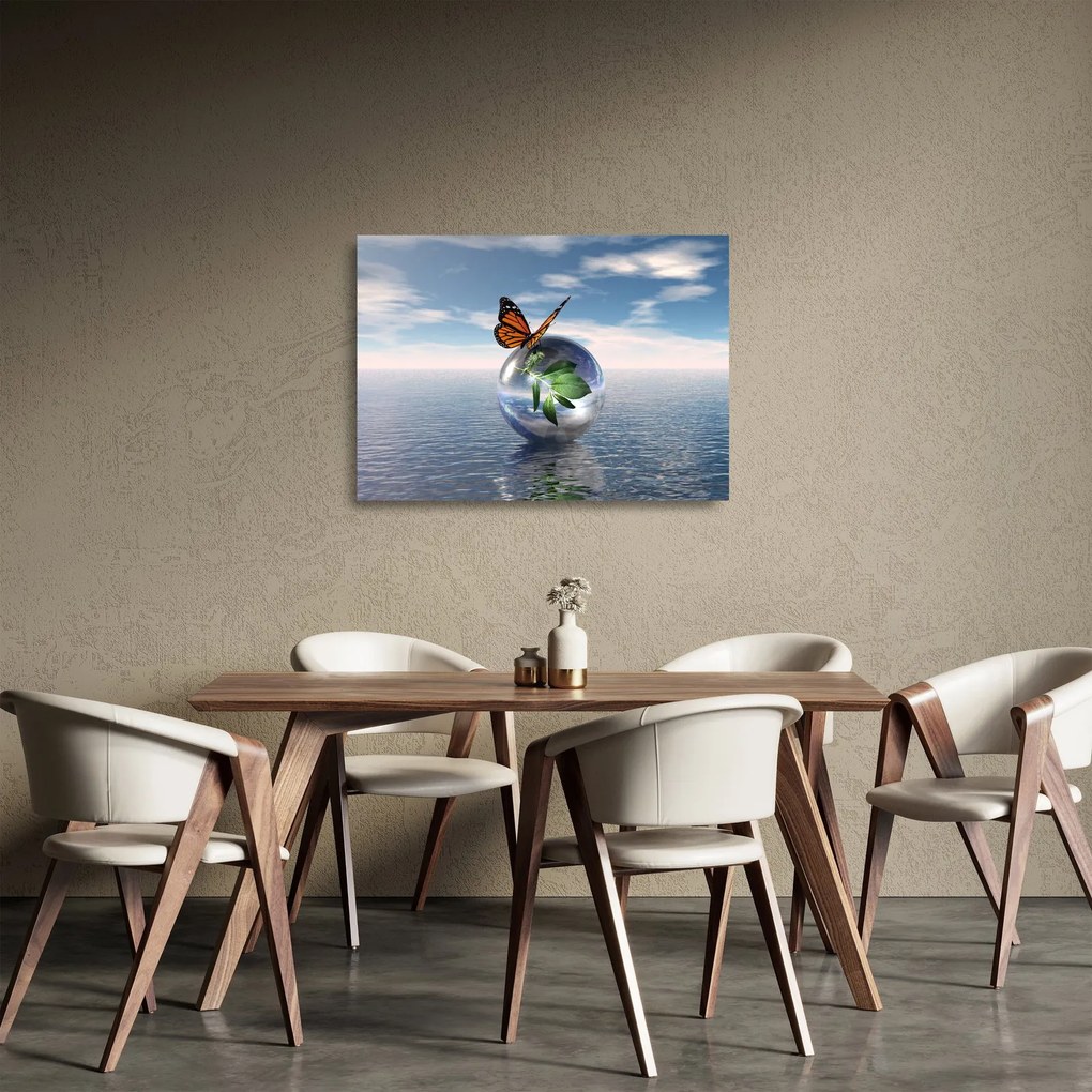 Sklenený obraz motýľa na sklenenej guli (70x50 cm)