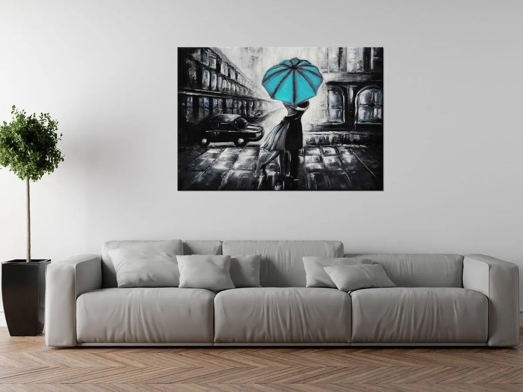 Gario Ručne maľovaný obraz Tyrkysový bozk v daždi Rozmery: 100 x 70 cm