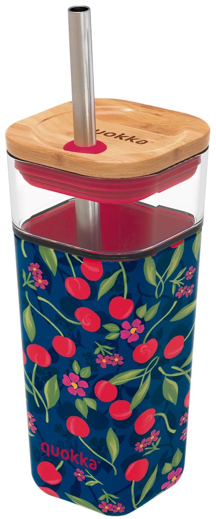 Sklenený cestovný hrnček so slamkou Liquid Cube Cherries 540 ml