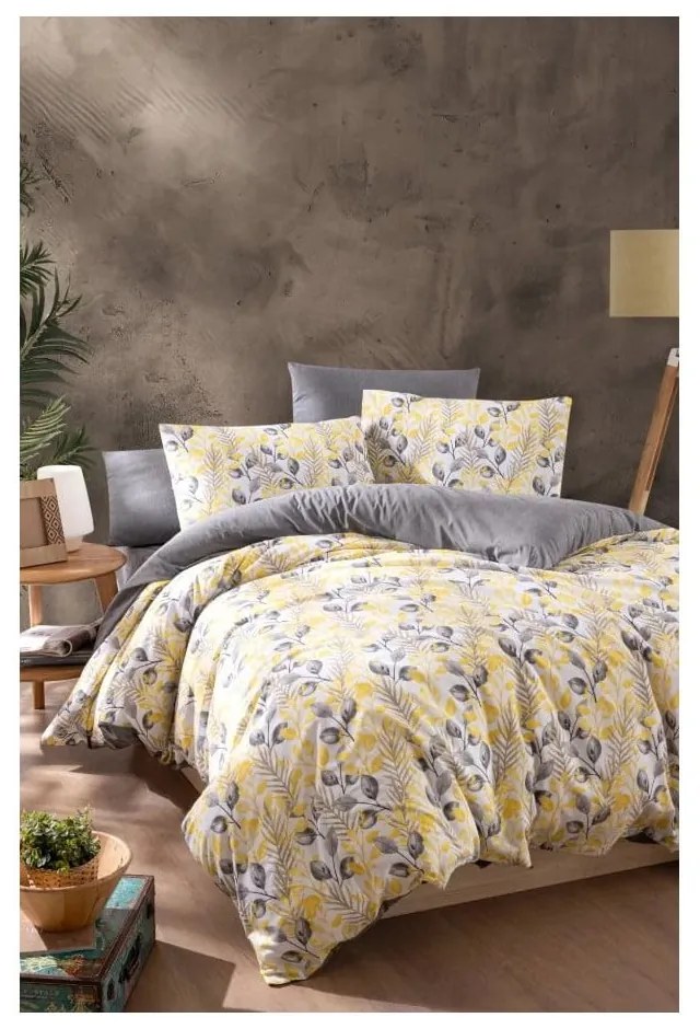 Žlto-sivé 4-dielne predĺžené obliečky na dvojlôžko s plachtou 200x220 cm Leaves – Mila Home
