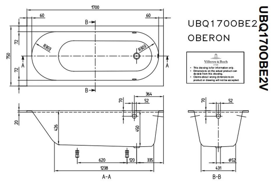 Villeroy & Boch Oberon Solo - Vaňa 1700x750 mm, alpská biela UBQ170OBE2V-01