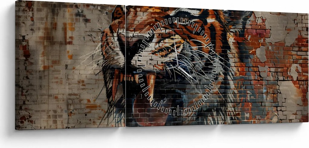 Obraz - Tiger z tehál (s hodinami) (90x30 cm)