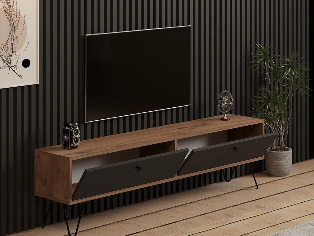 TV stolík/skrinka Nukone (atlantická borovica + čierna). Akcia -15%. Vlastná spoľahlivá doprava až k Vám domov. 1088760