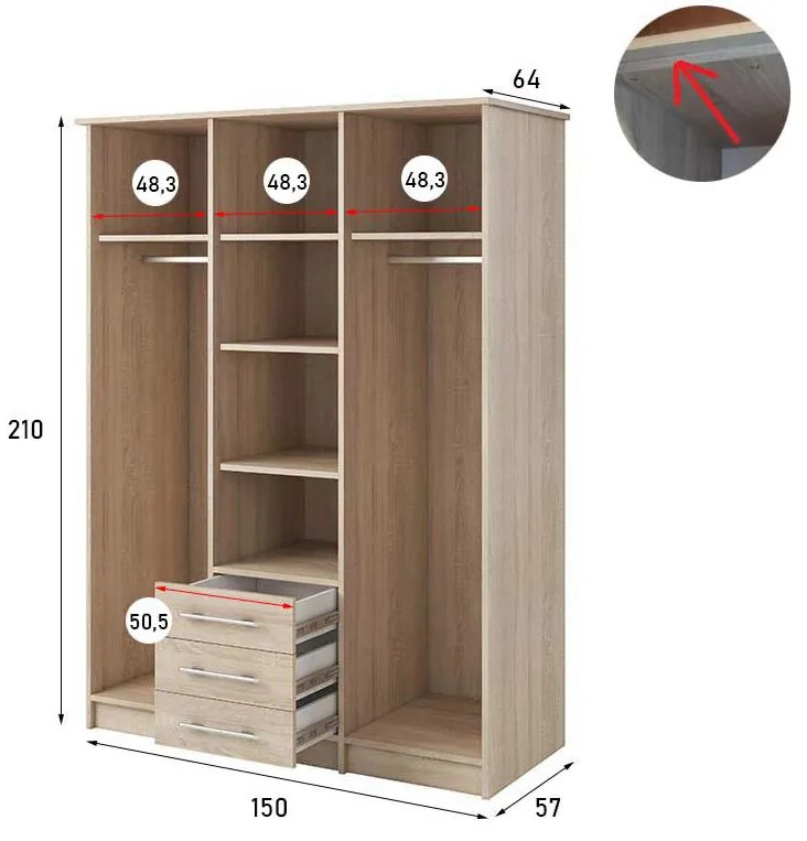 Šatníková skriňa Svalga 3D (dub sonoma). Akcia -21%. Vlastná spoľahlivá doprava až k Vám domov. 1014279