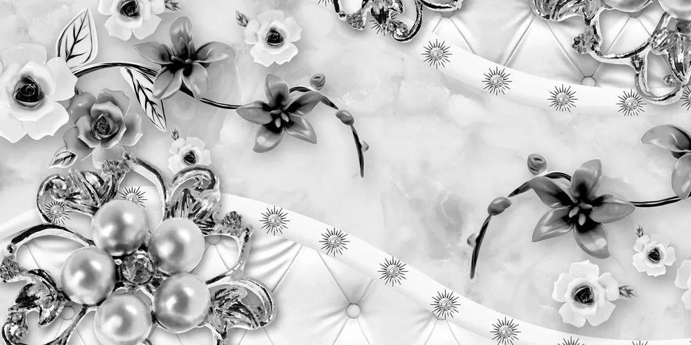 Obraz luxusné kvetinové šperky v čiernobielom prevedení - 100x50