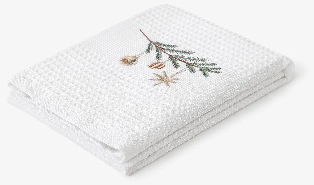 Goldea vianočná kuchynská vaflová utierka s výšivkou - baňky na vetve na bielom 50 x 70 cm