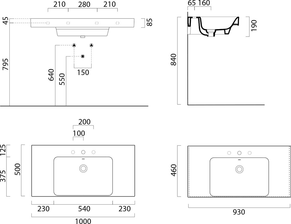 GSI GSI, NUBES keramické umývadlo 100x50cm, s odkladacími plochami, biela ExtraGlaze, 9651111