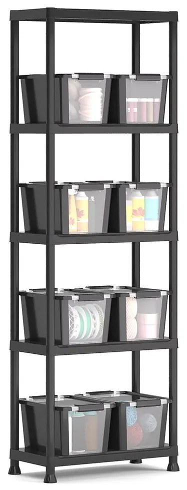 Plastový regál, 5 políc, 174x60x30 cm + 8 plastových boxov S